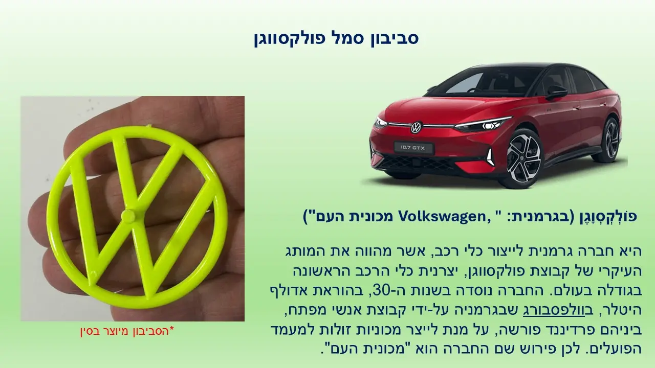 סביבון פלסטיק ממדפסת 3D סמל מכונית פולקסווגן