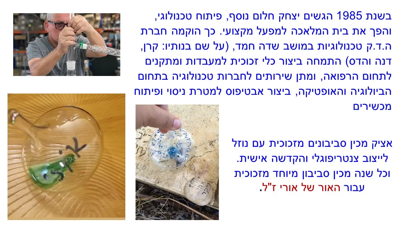 Glass spinning tops with blue liquid from the workshop of Yitzhak Cohen Arazi as part of the Chanukah activities of the Uri Foundation 2022