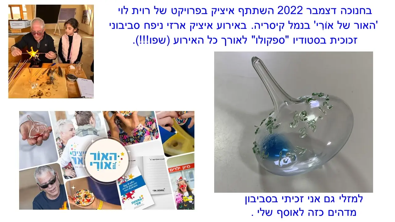 Glass spinning tops with blue liquid from the workshop of Yitzhak Cohen Arazi as part of the Chanukah activities of the Uri Foundation 2022
