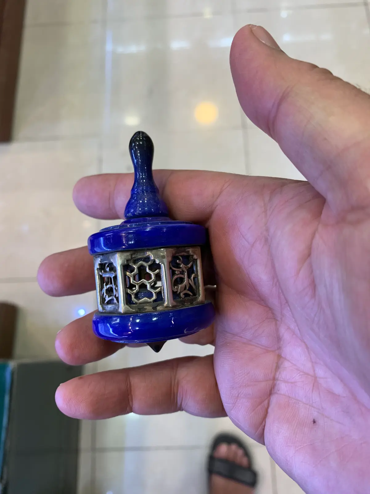 NadavArt Metal and blue Wood Spinning Top